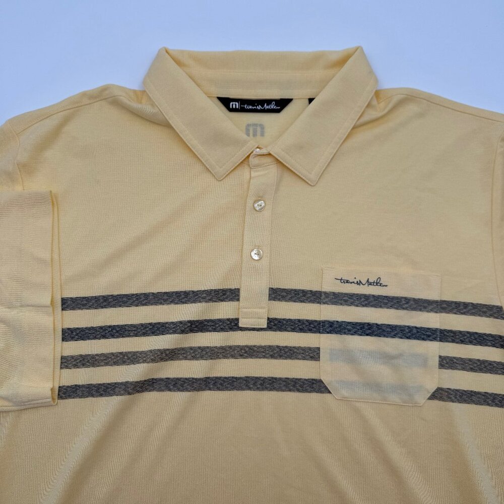 NWOT Travis Mathew Polo Shirt Men’s XXXL Fits 2XL Yellow Gray Stripe Golf
